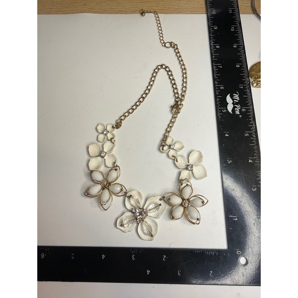 White Enamel and Crystal Floral Statement Necklace Gold Tone Adjustable Chain